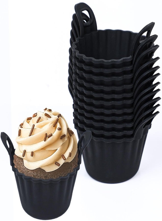 Koluti Reusable Silicone Baking Cups Set of 12, Nonstick Muffin Cupcakes Mold with Double Handle, BPA Free, Mini Round Air Fryer Cupcake Liners, Black - Image 1